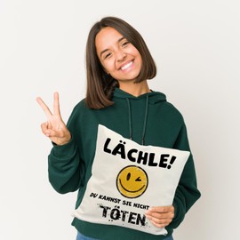 Emoticon Cushion with Saying "Lächle du Kannst sie Nicht alle töten for Young Men or Women Smile Decorative Cushion Funny Fun