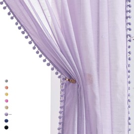 Treatmentex Pom-Pom Sheer Curtains for Kid's Room, 63" Linen Textured Volie Window Curtain Panels Lilac 52" w 1 Pair