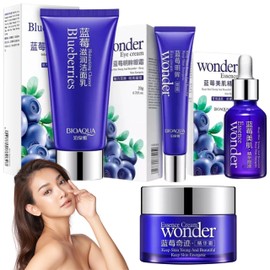 Kit Facial 4 Piezas Wonder Blueberry: Serum Hidratante, Crema Contorno de Ojos, Crema Facial Hidrantante, Limpiador Facial Limpieza Facial Repone la P