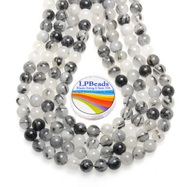 LPBeads 100pcs Polished 8mm Round Natural Black Rutilated Quartz Gemstone Loose Beads with Stretch Cord for Jewelry Making Bracelets