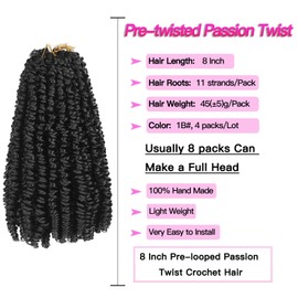 8 Inch Pre-twisted Passion Twist Crochet Hair 44 Strands Pre-Looped Passion Twist Braiding Synthetic Hair for Black Women Fiber Fluffy Curly Twist Braiding Hair Extensions(8 Inch 1B)