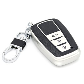 CTRINEWS for Toyota Key Fob Cover with Leather Keychain, Advanced Soft TPU Surface Leather Grain Key case for Camry Highlander RAV4 Corolla Avalon C-HR Smart Remote Keyless Key Fob Shell (Silver)