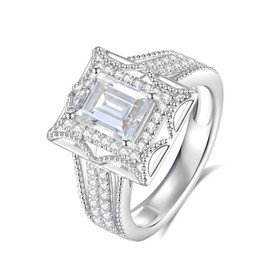 Boieiyftrp 2CT Emerald Cut Moissanite Engagement Ring for Women Eternity Diamond Sterling Silver Plated 18K White Gold Natural Gemstone Jewelry, Anniversary Wedding Ring(7)