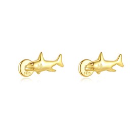 Cute 16g Shark S925 Sterling Silver Flat Screw Back Samll Stud Earrings for Women 14k Gold Plated Minimalist Fish Animal Cartilage Tragus Piercing Sleeper Tiny Mini Studs Hypoallergenic Jewelry for Her Bff