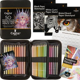Castle Art Supplies - Juego de 48 lápices de colores de color pastel con extras | Colores de calidad en tonos más suaves y suntuosos | Para artistas profesionales y adultos | En estuche de viaje