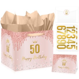 Extra Large Rose Gold Birthday Gift Bag with DIY Stickers for Any Age, Jumbo Birthday Wrapping Paper Bag for Girls Women with Tissue Papers for Party Decorations Supplies Favors
