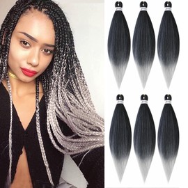 DT CHERYL Pre Stretched Braiding Hair, 6 Pack Silver Braided Hair extension 26 inches Synthetic EZ Braid Hot Water Styling Braid Yaki Texture Pre-stretched Hair for Braiding Braids T1B/Silver