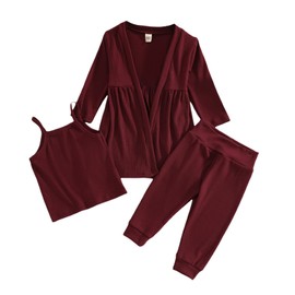 WASAIGOOD Infant Baby Girls Ribbed Pants Set 3pcs Slim Camisole Long Sleeve Cardigan High Waist Pants Solid Cotton Outfits (Maroon,18-24 Months)