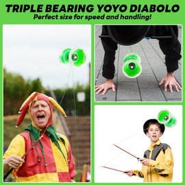 MAGICYOYO Pro Triple Bearing Diabolo Medium Size 5” Blue Chinese Yoyo Toy with 2 Pair Carbon Sticks+ 2 Extra Strings +1 Net Bag, High Performance Chinese Yoyo Diabolo Skill Toy - Green White