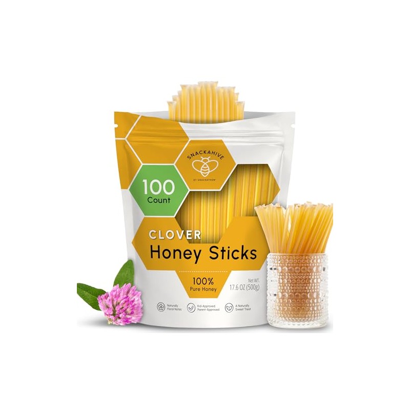 Snackathon Honey Sticks, Clover Blossom Pure Honey, 100 Count Bulk,