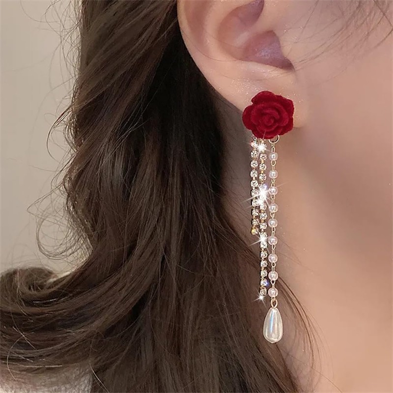 Long Chain Flower Drop Dangle Earrings for Women Sparkly Crystal