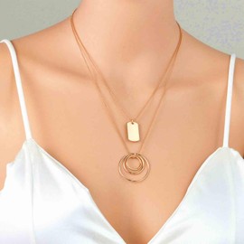 Iaceble Boho Layered Square Circle Choker Necklace Geometric Rectangle Square Necklace Multi Circle Pendant Necklace Gold Hollow Circle Necklace Jewelry for Women