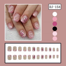 24Pcs French Tip Press on Nails Short Square Flower Fake Nails Pink False Nails Glossy Full Cover Artificial Glue on Nails Cute Stick on Nails Nude Nail Supplies Flower Nails for Women Manicure Tips