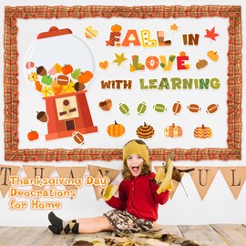 Autumn Bulletin Board Decoration Set,Fall in Love with Learning Bulletin Board Decoration,Pumpkin Football Thanksgiving Day Decor for School Home Chalkboard Wall