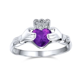 BFF Celtic Irish Friendship Promise AAA CZ Simulated Purple Amethyst Hands & Heart Claddagh Ring For Women Teens .925 Sterling Silver