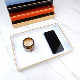 Spsyrine White Bathroom Vanity Tray with Handles for Dresser Tops, Countertop, Perfume Decorative Tray, 11.8” * 7.87” *1.37”