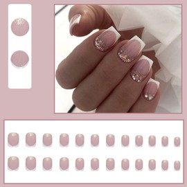 24pcs Short Square French Tip False Nails with Glittery Gold Sequins, Easy-Stick & Removable Acrylic Full Cover Fake Nails with White Edges - Beautiful Women & Girls' Nail Art Accessories