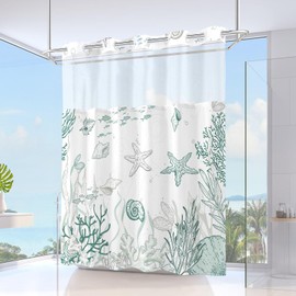 TWLSNCD No Hook Shower Curtain with Snap in Liner, Beach Ocean Nautical Coastal Shower Curtains and Liner Set for Bathroom, Seashell Hotel Fabric Bath Curtain, Waterproof Washable, Green 71" x 74"