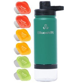 Blueshift 18 oz Stainless Steel Water Bottle - Insulated Shaker Bottle, Protein Shaker Bottle, Metal Shaker Cup for Protein Shakes w/Ball & 6 Superblend Supplements - 18 oz Kale Green Bottle + 6 Pods