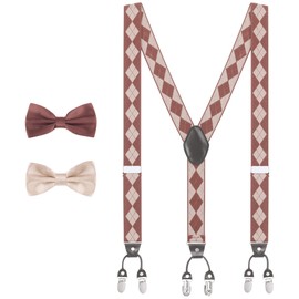 WANYING Men's Y-shape 3.5 cm wide 6 clips braces and bow ties 2 in 1 set highly elastic length adjustable casual business - for height up to 200 cm, D01 Diamond Pattern Brown with 2 Bow Ties