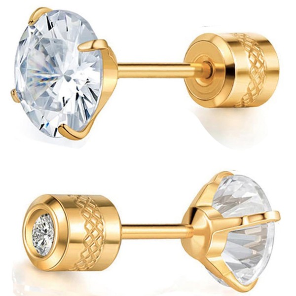 VOLUKA Titanium Screw Back Stud Earrings - 6mm Cubic Zirconia,