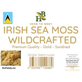 Irish Sea Moss | Gold | Saint Lucia | 100% Wildcrafted, Raw, Sun Dried | Premium Quality | with Over 90 Minerals and Vitamins, Non-GMO and Vegan, Sun Dried Superfood, 4oz