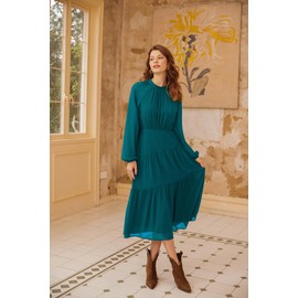 GRACE KARIN Women's Long Sleeve Casual Dress Round Neck A-line Dress Pleated Dress Autumn Winter Midi Dress, blue-green
