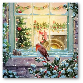 Museums & Galleries Charity Christmas Cards - Cosy Cottage Christmas Robin - Eco-Friendly & Recyclable - Pack of 8 Cards