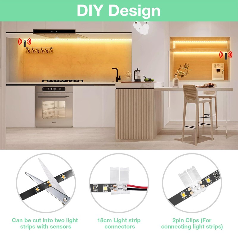 WOBANE Dual Motion Activated LED Strip Light,Rechargeable 16.4ft Light Strip,Battery