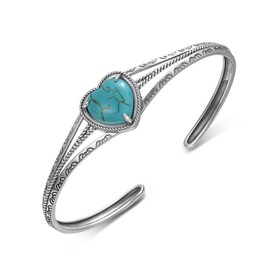 Naxidaze 925 Sterling Silver Real Turquoise Heart Cuff Bracelet - Genuine Turquoise Western Jewelry for Women - Heart Cut-Out Cuff Bracelet