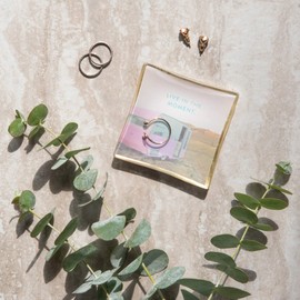 Small Glass Trinket Dish by Studio Oh! - Live in The Moment - 3" x 3" - Dish Tray with Unique Full-Color Art and Inspiring Quotes - Holds Jewelry, Change, Paperclips & Trinkets