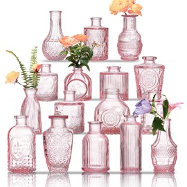 Glass Bud Vases Set of 16 - Pink Assorted Small Mini Glass Vases for Flowers, Crystal Vintage Vase Set, Bulk Centerpieces for Table Décor, Wedding, Home and Events (Pink, 16 Pcs)