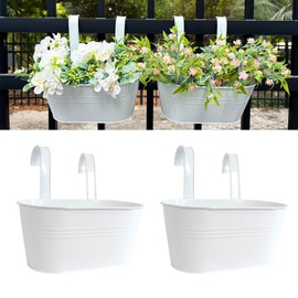 Joyfernal 10" Hanging Flower Pots, Pack of 2 White Metal Outdoor Patio Balcony Planter, Railing Planters Fence Pot with Detachable Hook & Drainage Hole for Small Plants (White, 2Pcs)