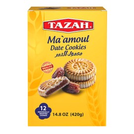 Tazah Maamoul Cookies Date Snack 100% Natural Date Filled Shortbread Date Cookies - 12 Count Individually Wrapped Mamoul
