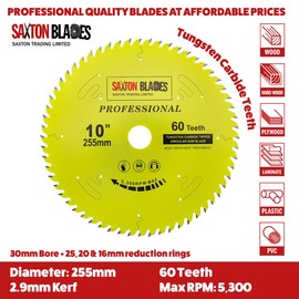 TCT25560TPRO Saxton Professional Range TCT Circular Saw Blade 255mm x 60T x 30mm Bore, 16, 20, 25, 25.4mm Reduction Rings Compatible with Evolution Bosch Makita Dewalt etc