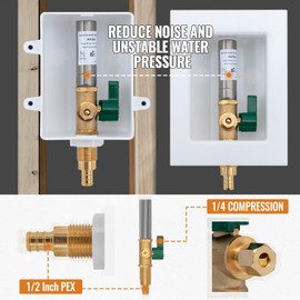 SUNGATOR Ice Maker Outlet Box with Water Hammer Arrestor (Stainless Steel), 1/2 Inch Pex Crimp Inlet x 1/4 Inch OD Compression Outlet, Ice Maker Valve Wall Box with 2 Crimp Rings