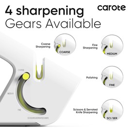 CAROTE 4-in-1 Knife Sharpener, Pocket Knife Sharpener with a non-slip base, Scissor Sharpener for Chefs & Serrated & Paring Knives, Compact for Easy Storage, Light Grey