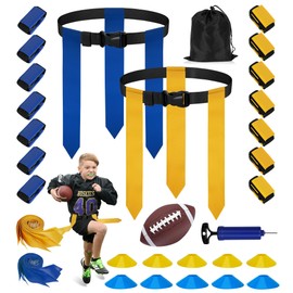YGORTECH Flag Football Set, 14 Players Adjustable Flag Football Belts with 42 Flags, 10 Cones, Football, Pump and Bag for Youth Adults Training & Family Games