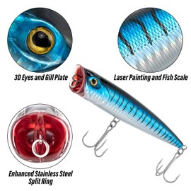 Dr.Fish Topwater Popper Saltwater Fishing Lures, 4 Inches GT Popper VMC Treble Hooks Surf Fishing Lures for Striper Pike Salmon Lures Bass Popper Fishing Plugs Offshore Blue Tiger Stripes