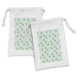 Lunarable Frog Fabric Pouch Set of 2, Repetitive Pattern Image of Flowers and Frogs on Water Lilies on Pond, Small Drawstring Bag for Toiletries Masks and Favors, 9" x 6", Pale Blue and Multicolor