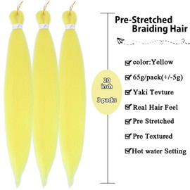 Yellow Braiding Hair Extensions 20 Inch 3 Packs Pre Stretched Braiding Hair Professional Itch Free Synthetic Hair Extensions (20inch 3Packs)