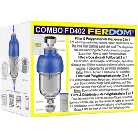 FERPRO FERDOM COMBO FD402 FERDOM Filter & Dispenser - For Washing Machine, Dishwasher, Water Heaters etc. The steel filter holds sand, dirt and rust and the dispenser has an anti-limescale effect.