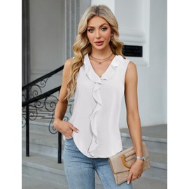 Blooming Jelly Womens Summer Tank Tops V Neck Ruffle Sleeveless Business Casual Outfit 2025 Spring Ladies Trendy Work Dressy Blouse (Large, White)