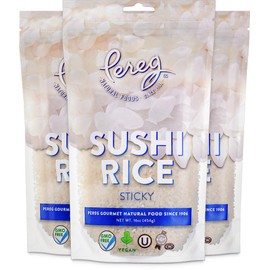 Pereg Natural Sushi Rice 16oz Bag 3 Pack (Total 3 Lbs) - White Sticky Short Grain - Vegan, Non-GMO, Made in USA, Best for Sushi, Rice Balls & Everyday Japanese Dishes - Resealable Packaging