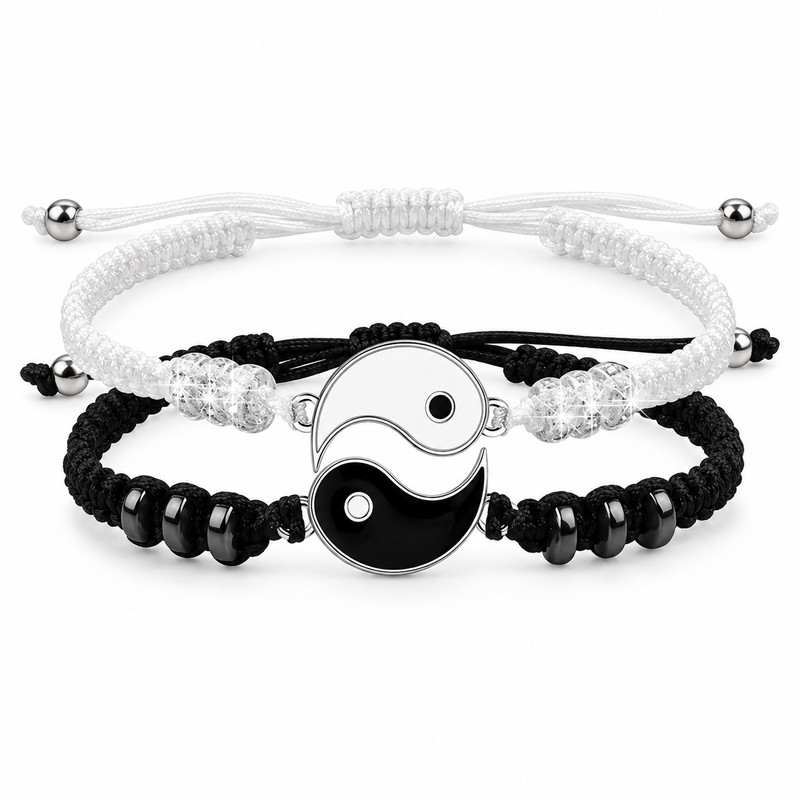 Matching Yin Yang Friendship Bracelets for 2, Adjustable Black and