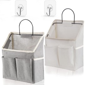 Pack of 2 Hanging Organisers, Hanging Organiser, Wall Hanging, Hanging Storage Bag, Wall Organiser, Foldable Linen Fabric Basket with Pockets, Basket for Hanging for Home, Office, Dormitory, Bathroom