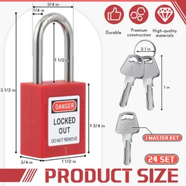 Landhoow 24 Set Lockout Tagout Locks Set, Safety Padlock, Loto Locks Keyed Differently Lock 2 Keys Per Lock Tag Out Padlocks for Electrical Lockout Tag Out Stations and Devices Kits (Red)
