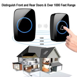 Wireless Doorbell, FullHouse Waterproof Door Bell Kit, Distinguish front and rear doors, Over 1000 feet Range and 60 Chime, 5 Levels Volume and LED Flash, for Home Office Classroom