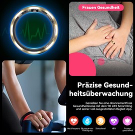YD LIFE Smart Ring für Herren Damen - 2025 AI Fitness Tracker 5 ATM Wasserdicht mit Temperaturmessung,100+ Sportmodi,Schlafmonitor,Herzfrequenz, SpO2, Smartring für Android iOS (Gold, #11-20.8mm)
