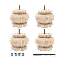 OUTWATER 4 in. H x 4-7/8 in. Dia Unfinished Solid Hardwood Round Bun Foot | 4 Pack with 4 Free Insert Nuts and Drill Bit